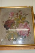 Needlepoint and beadwork picture of roses, glazed with gilt frame