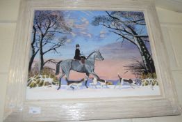 Lady riding side saddle with hounds in the snow by Michael Morley dated 14, oil on board, framed