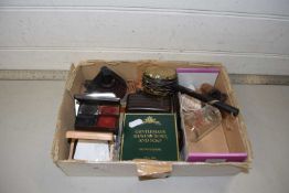 Box of various vintage razors, small dolls heads and other items