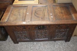 18th Century oak coffer with three panelled carved front