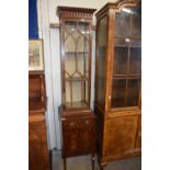 An unusual mahogany display cabinet of extremely narrow form with single glazed door over a base
