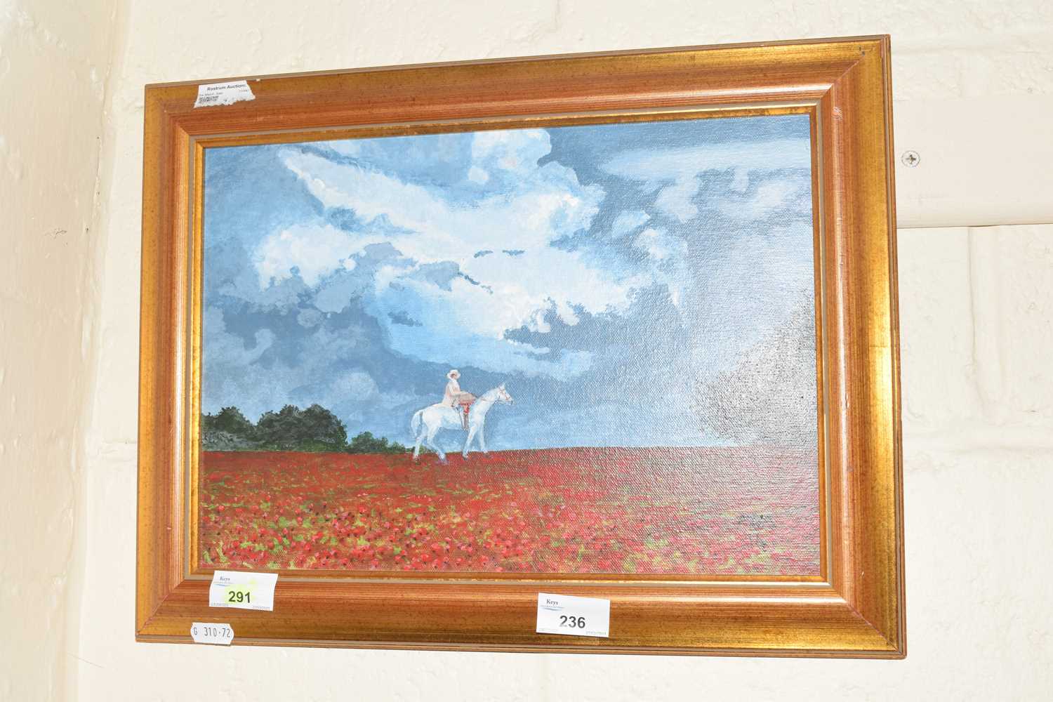 Horse and Rider in a field of poppies by Michael Morley dated 14, oil on board in gilt frame