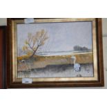 Crane in a watery landscape, oil on board by Michael Morley dated 16, framed