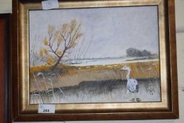 Crane in a watery landscape, oil on board by Michael Morley dated 16, framed