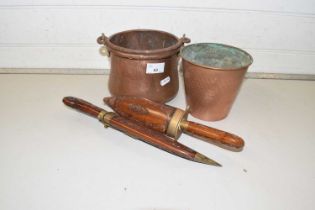 Mixed Lot: Two small copper pans and Far Eastern carving tools