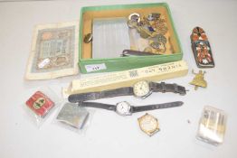 Mixed Lot: Various wrist watches, military cap badges, cigarette case, an enamel desk clip and other