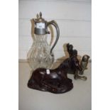 Mixed lot comprising two bronzed resin models, modern novelty parrot shaped ink well and a glass