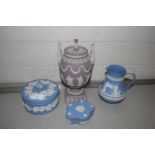 Mixed Lot: Wedgwood Jasper wares comprising double handled vase jug and two trinket boxes (4)