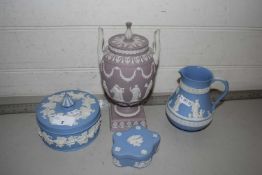 Mixed Lot: Wedgwood Jasper wares comprising double handled vase jug and two trinket boxes (4)