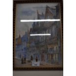 Watercolour of a street scene by J Fairfax, framed and glazed