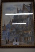 Watercolour of a street scene by J Fairfax, framed and glazed