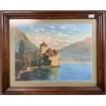 W.T. Tattersall (British, 20th century), Chillon Castle, Veytaux, Switzerland, pencil, watercolour