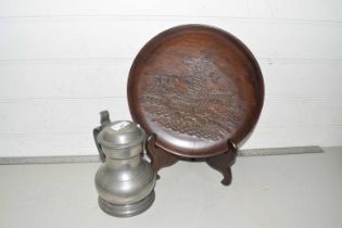 A pewter lidded tankard together with a Chinese carved wooden plate with stand