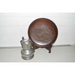 A pewter lidded tankard together with a Chinese carved wooden plate with stand