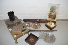 Mixed Lot: Brass trivet, Pratt ware, pot lids, a porcelain spirit measure and various other items