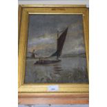 Barge on a River, oil on canvas, unsigned in gilt frame