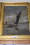 Barge on a River, oil on canvas, unsigned in gilt frame