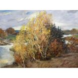Nikolay Opiok (Russian, 20th century), Autumnal scene, impasto oil on canvas, 22x17.5ins, signed,