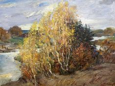 Nikolay Opiok (Russian, 20th century), Autumnal scene, impasto oil on canvas, 22x17.5ins, signed,