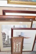 Mixed Lot: Assorted prints and pictures, continental street scenes, racehorses, harbour scenes and