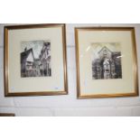Pair of pen, ink and wash scenes of Elm Hill, Norwich, glazed with gilt frames