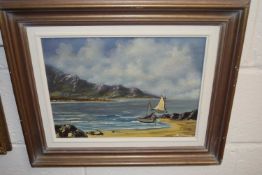 Boats at shore by B Timmons, oil on canvas, framed