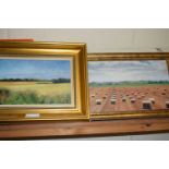Two oil on canvas by Jean Hawke, Fields at Thurne and Fields near Buxton (2)