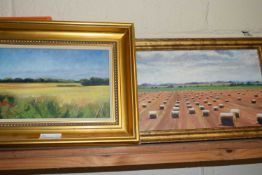 Two oil on canvas by Jean Hawke, Fields at Thurne and Fields near Buxton (2)