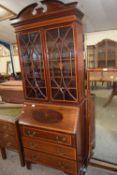 Edwardian mahogany bureau bookcase cabinet with glazed top section over a base with full front and