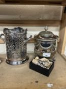 Mixed Lot: Silver plated syphon stand, a silver plated biscuit barrel and a further pair of bottle