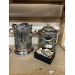 Mixed Lot: Silver plated syphon stand, a silver plated biscuit barrel and a further pair of bottle