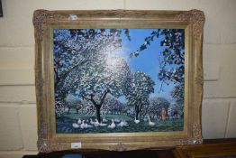 Lady walking a dog with geese in an orchard by Michael Morley, oil on board, gilt frame