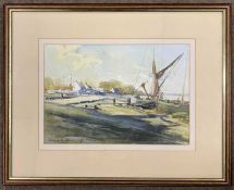 Angus M. Stirling (British, 20th century), coastal scene depicting moored boats, figures and