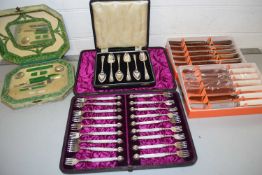Mixed Lot: Set of cased mother of pearl handled cutlery, cased silver plated grapefruit spoons, part