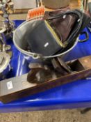 Mixed Lot: An aluminium preserve pan together with a woodworking plane and vintage bags