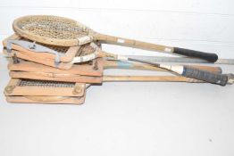 A mixed lot of 4 vintage rackets, to include: - Dunlop 'Blue Flash' in press - GR Adams and Co '