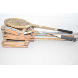 A mixed lot of 4 vintage rackets, to include: - Dunlop 'Blue Flash' in press - GR Adams and Co '