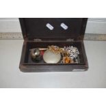 Wooden case of various assorted costume jewellery and other items