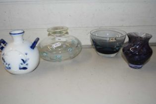 Mixed Lot: Squat Art Glass vase, a double handled blue and white porcelain vase and two other pieces
