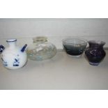 Mixed Lot: Squat Art Glass vase, a double handled blue and white porcelain vase and two other pieces