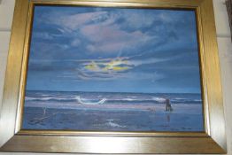 Walkers on a Beach by Michael Morley dated 11, oil on board, framed