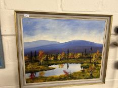 Lake scene with mountains beyond by Martin Hill?, 72, oil on canvas, framed