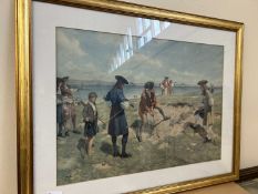 Golfing on the Dunes, Alan Stewart 1919, reproduction print, glazed with gilt frame