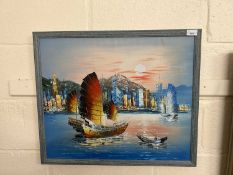 A Junk in Hong Kong Bay, oil on canvas, framed