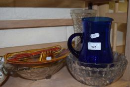 A Bristol glass style blue vase together with other glass ware