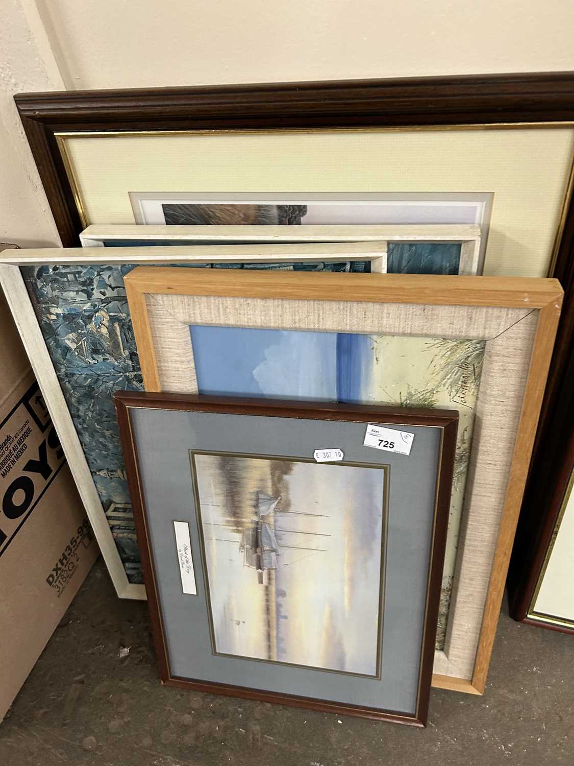 Gulls in the Sand Dunes by John Hamilton, framed together with a group of other pictures and prints