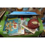 Box of assorted childrens books and toys to include Wombles, Care Bears and others