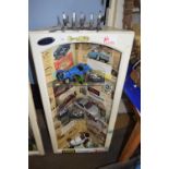 Motoring interest - a corner cabinet decorated with motoring ephemera toether with shelf contents of