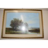 A reproduction colour print of a landscape by David Shepherd, framed and glazed together with