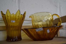 A Amber Glass vase together with a similar bowl and jug